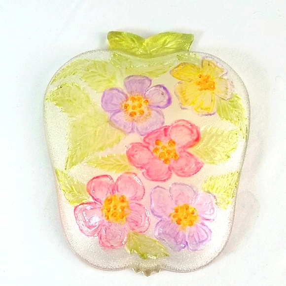 Vintage Glass Handpainted Floral Candy Dish Pink Green Purple - Picture 2 of 7